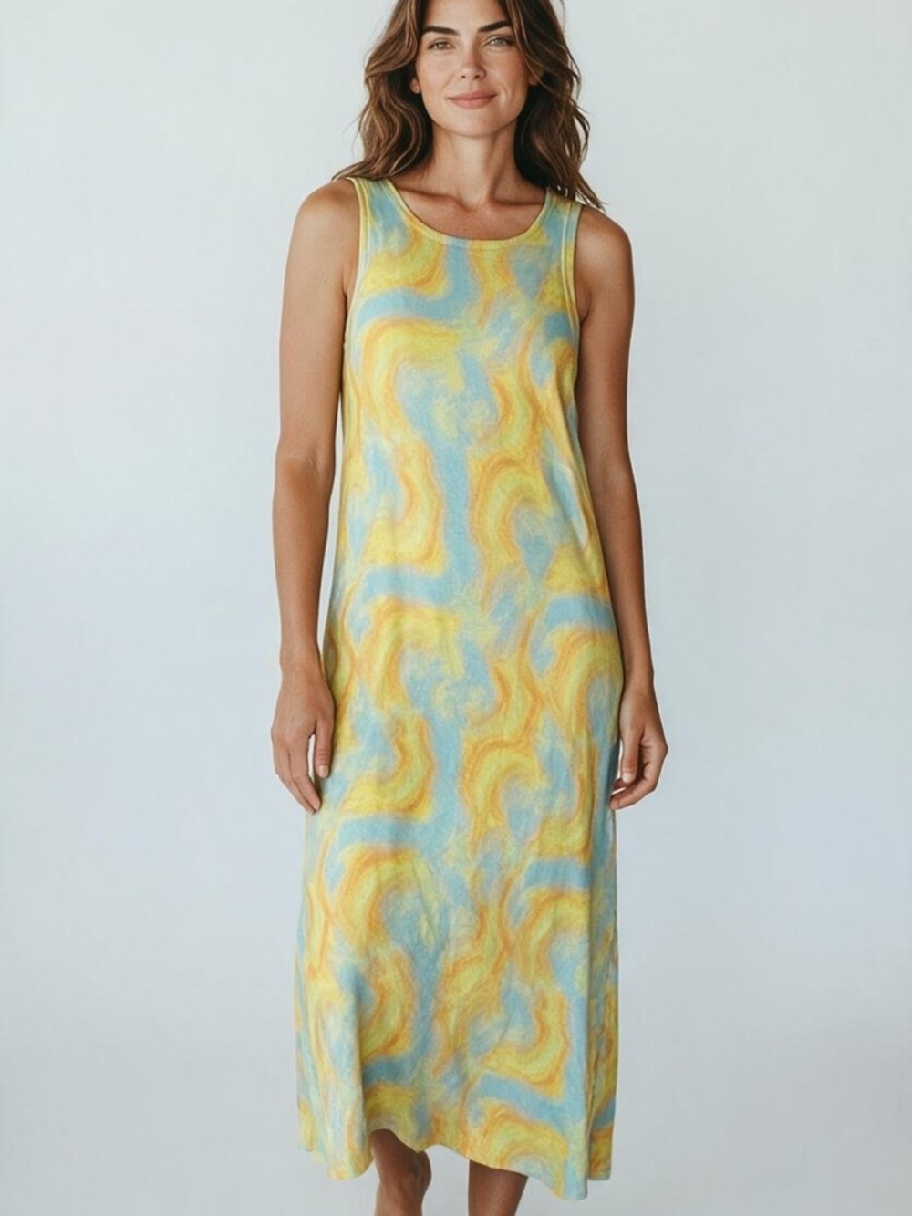 Zara Yellow & Light Blue Wave-Print Maxi Dress